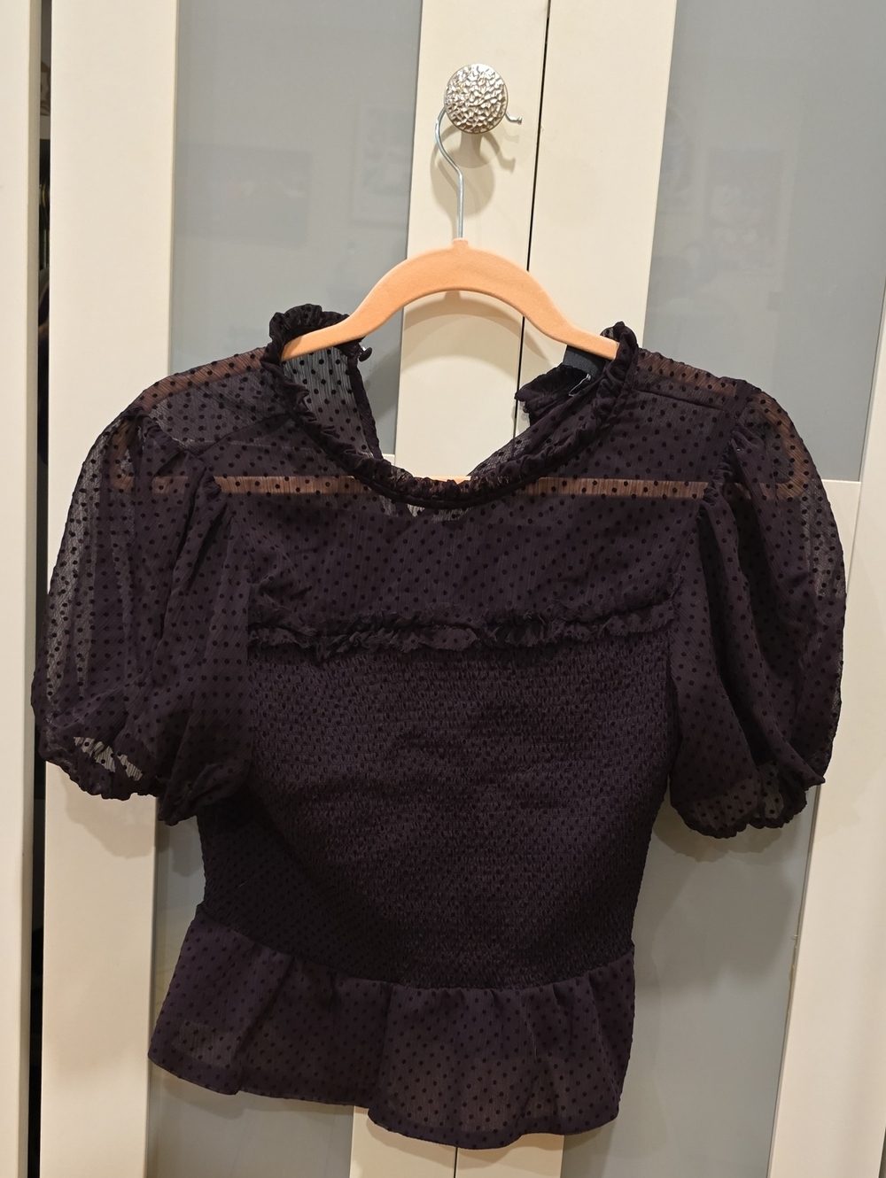 Girls Purple Sheer Dot Puff-Sleeve Dressy Top